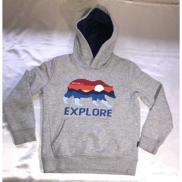 Eddie Bauer Hoodie Pullover Bear Explore Kids Youth Boys Gray Sweatshirt Size XS - Picture 1 of 8